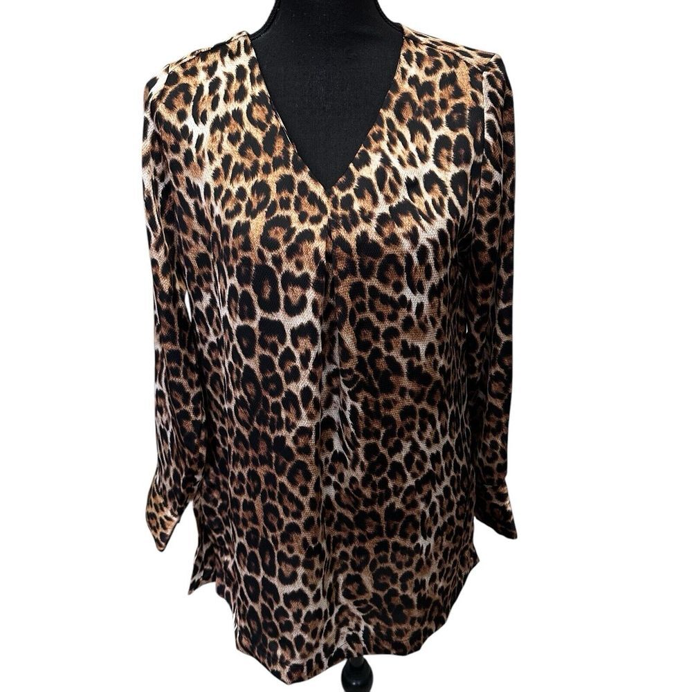 Chico's Women Leopard Print Long Sleeve‎ Pull Over Tunic Shirt Size 0 4/6 Cuffs